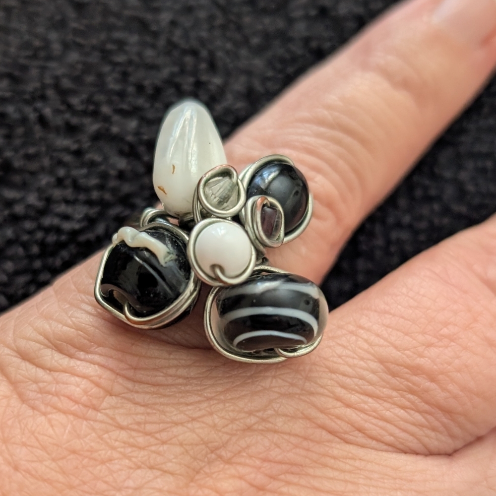 Handmade Wire Wrapped Bead Cluster Ring Adjustable Boho Statement Jewelry